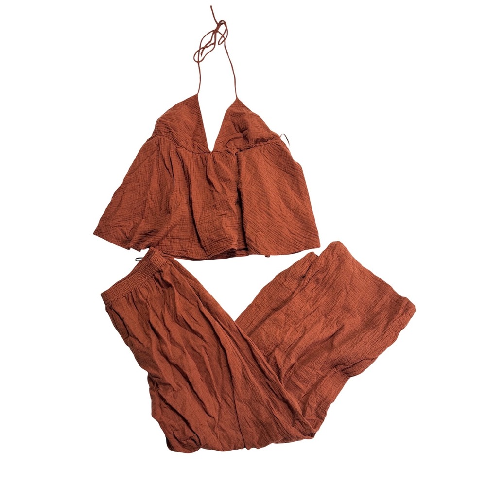 Boho Style Terracotta Gauze Halter Top and Wide Leg Pants